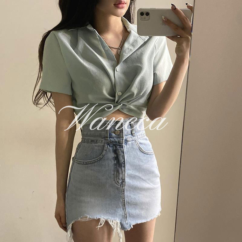 Waneca Áo Sơ Mi Ngắn Hở Rốn Thắt Nơ Sau Lưng Phong Cách Pháp Sang Trọng Cho Nữ