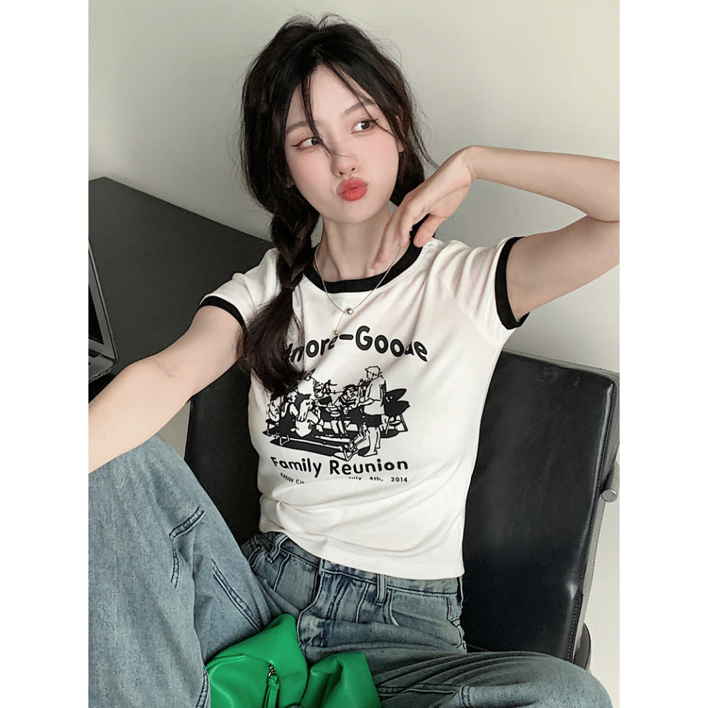 Áo Thun Ngắn Tay Cổ Tròn In Họa Tiết Thời Trang Mùa Hè Hàn Quốc Cho Nữ