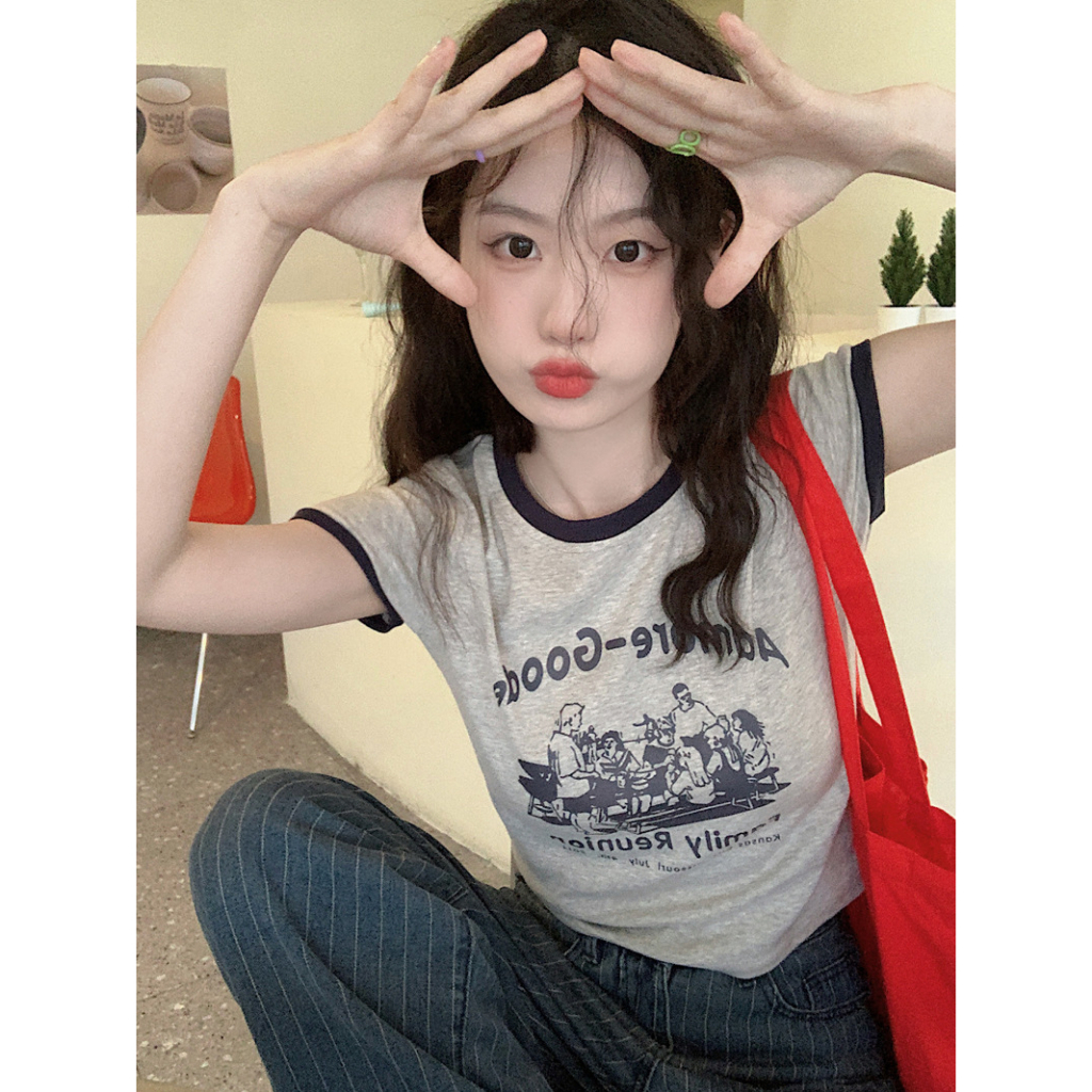 Áo Thun Ngắn Tay Cổ Tròn In Họa Tiết Thời Trang Mùa Hè Hàn Quốc Cho Nữ