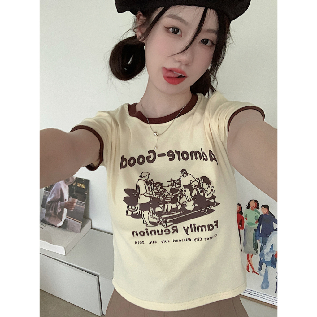 Áo Thun Ngắn Tay Cổ Tròn In Họa Tiết Thời Trang Mùa Hè Hàn Quốc Cho Nữ