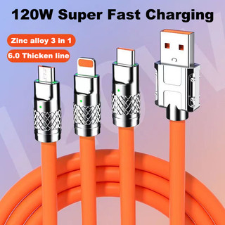 Dây cáp sạc nhanh 6a 120w 3 trong 1 cho iphone micro usb type c