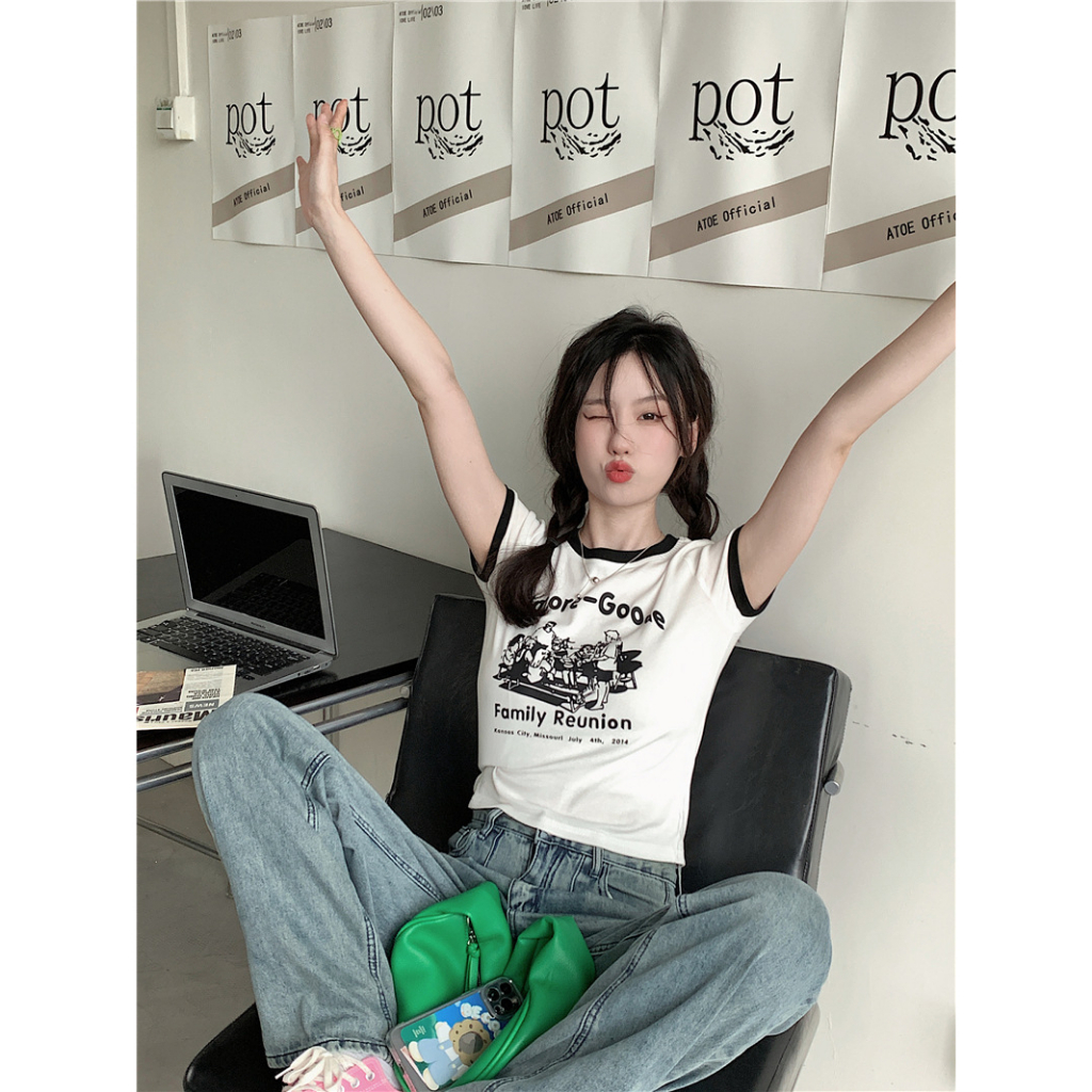 Áo Thun Ngắn Tay Cổ Tròn In Họa Tiết Thời Trang Mùa Hè Hàn Quốc Cho Nữ