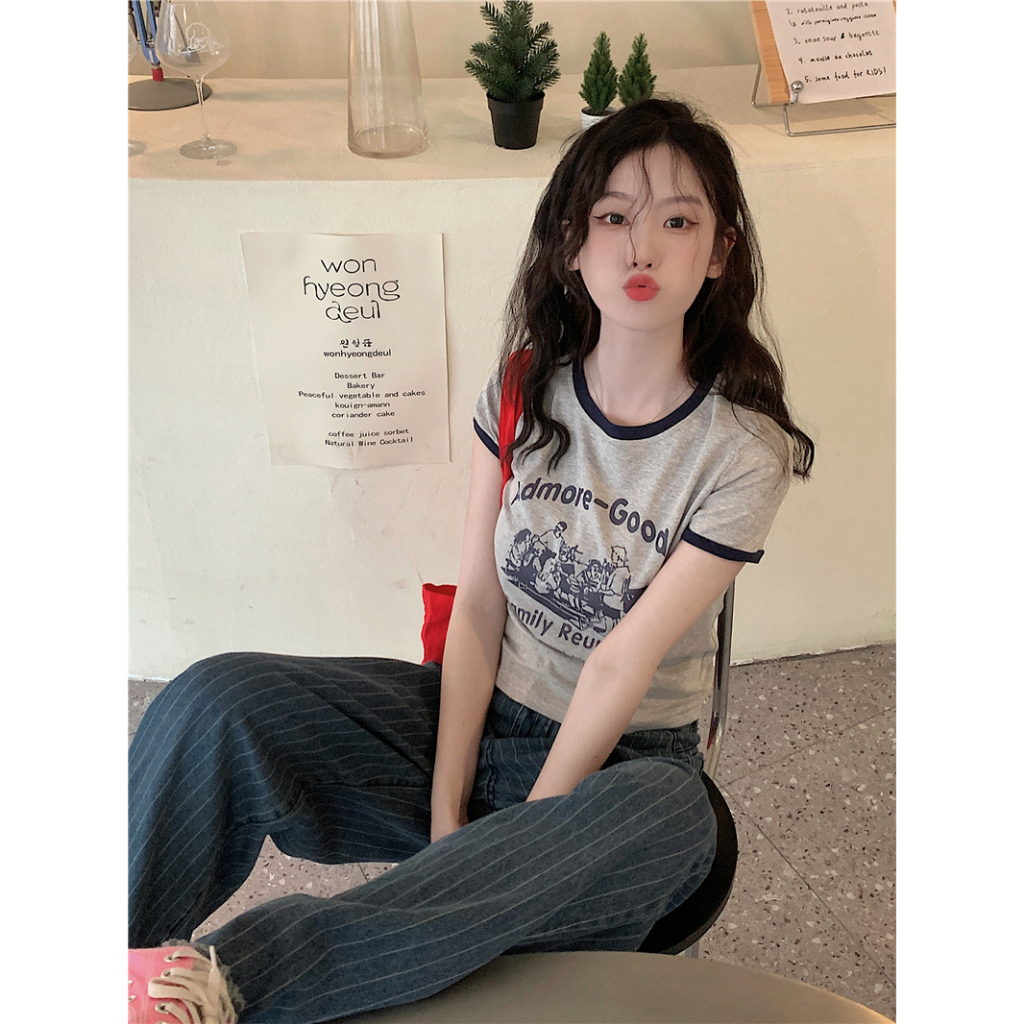 Áo Thun Ngắn Tay Cổ Tròn In Họa Tiết Thời Trang Mùa Hè Hàn Quốc Cho Nữ