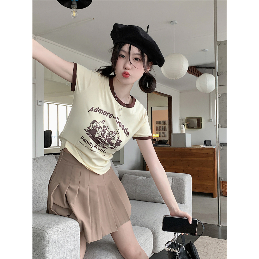 Áo Thun Ngắn Tay Cổ Tròn In Họa Tiết Thời Trang Mùa Hè Hàn Quốc Cho Nữ