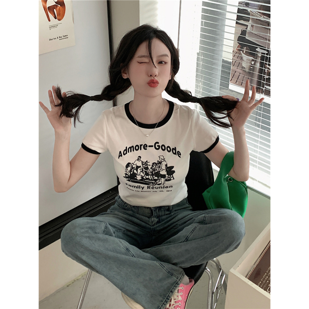 Áo Thun Ngắn Tay Cổ Tròn In Họa Tiết Thời Trang Mùa Hè Hàn Quốc Cho Nữ