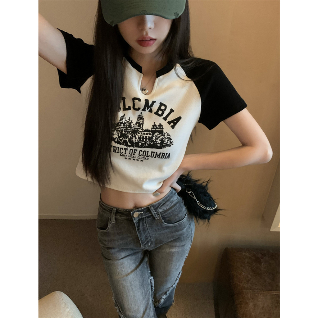 Áo Thun Tay Ngắn Cổ Chữ V In Họa Tiết Thời Trang Hàn Quốc Cho Nữ