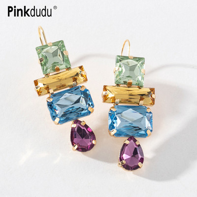 Khuyên tai PINKDUDU OG117 dáng dài mặt kính trong suốt nhiều màu sắc phong cách Boho thời trang cho nữ