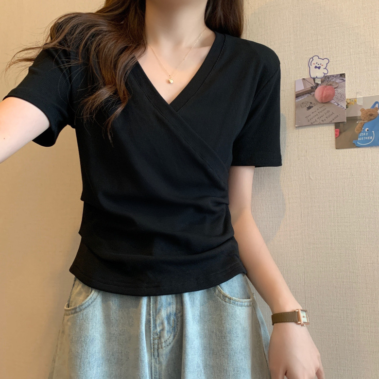 Áo Thun Ngắn Tay Cổ Chữ V Thiết Kế Không Đồng Đều Phong Cách Hàn Quốc Thời Trang Mùa Hè