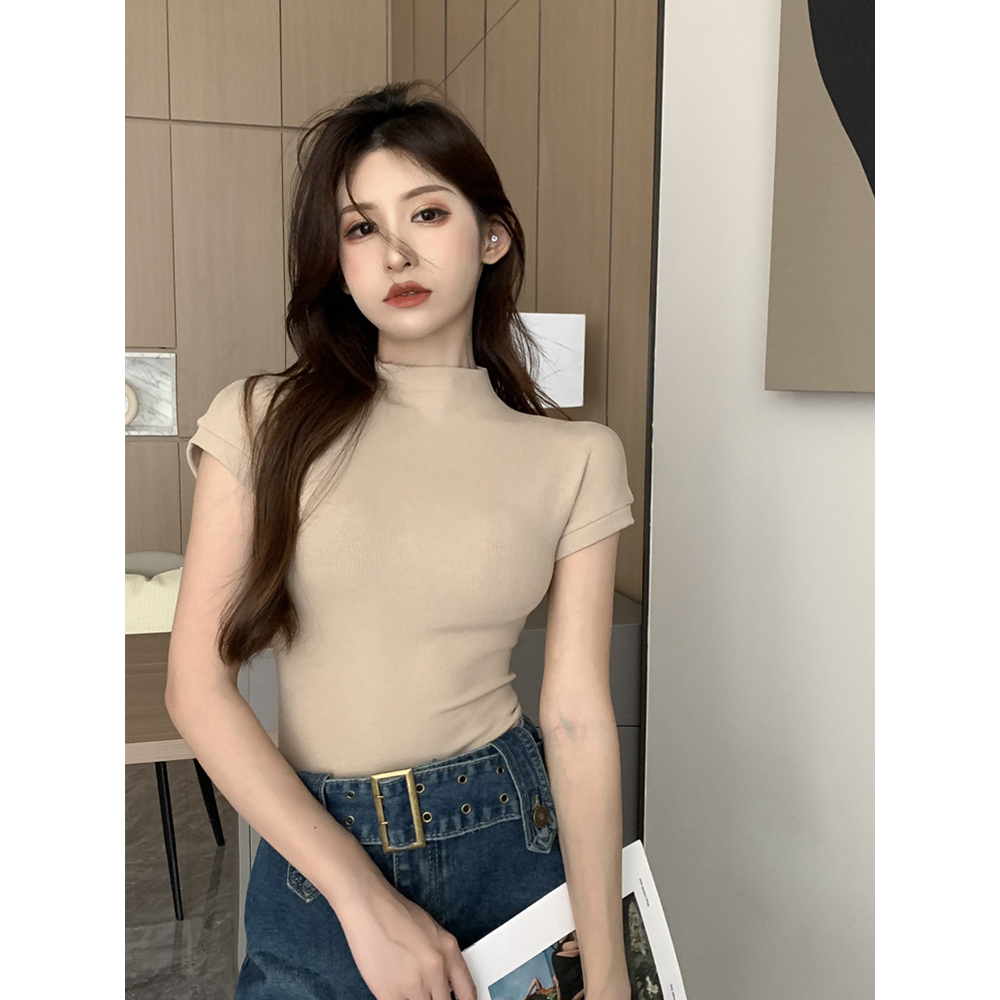 Áo Thun Nữ Ngắn Tay Cổ Cao Ôm Dáng Phong Cách Mùa Hè Gợi Cảm Mới