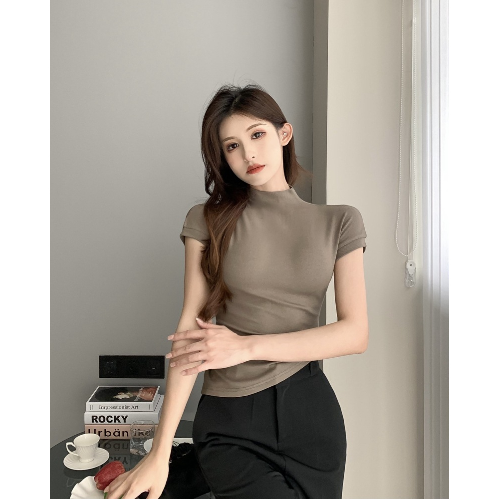 Áo Thun Nữ Ngắn Tay Cổ Cao Ôm Dáng Phong Cách Mùa Hè Gợi Cảm Mới