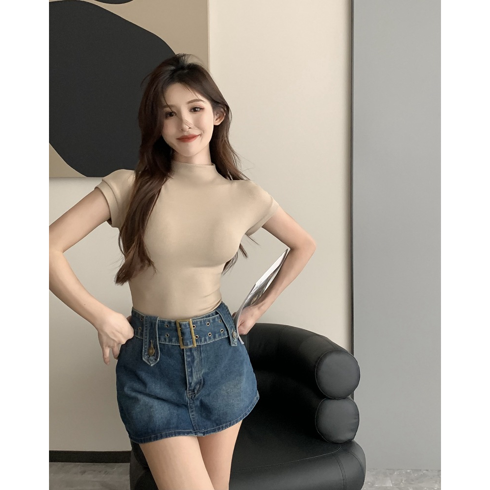 Áo Thun Nữ Ngắn Tay Cổ Cao Ôm Dáng Phong Cách Mùa Hè Gợi Cảm Mới