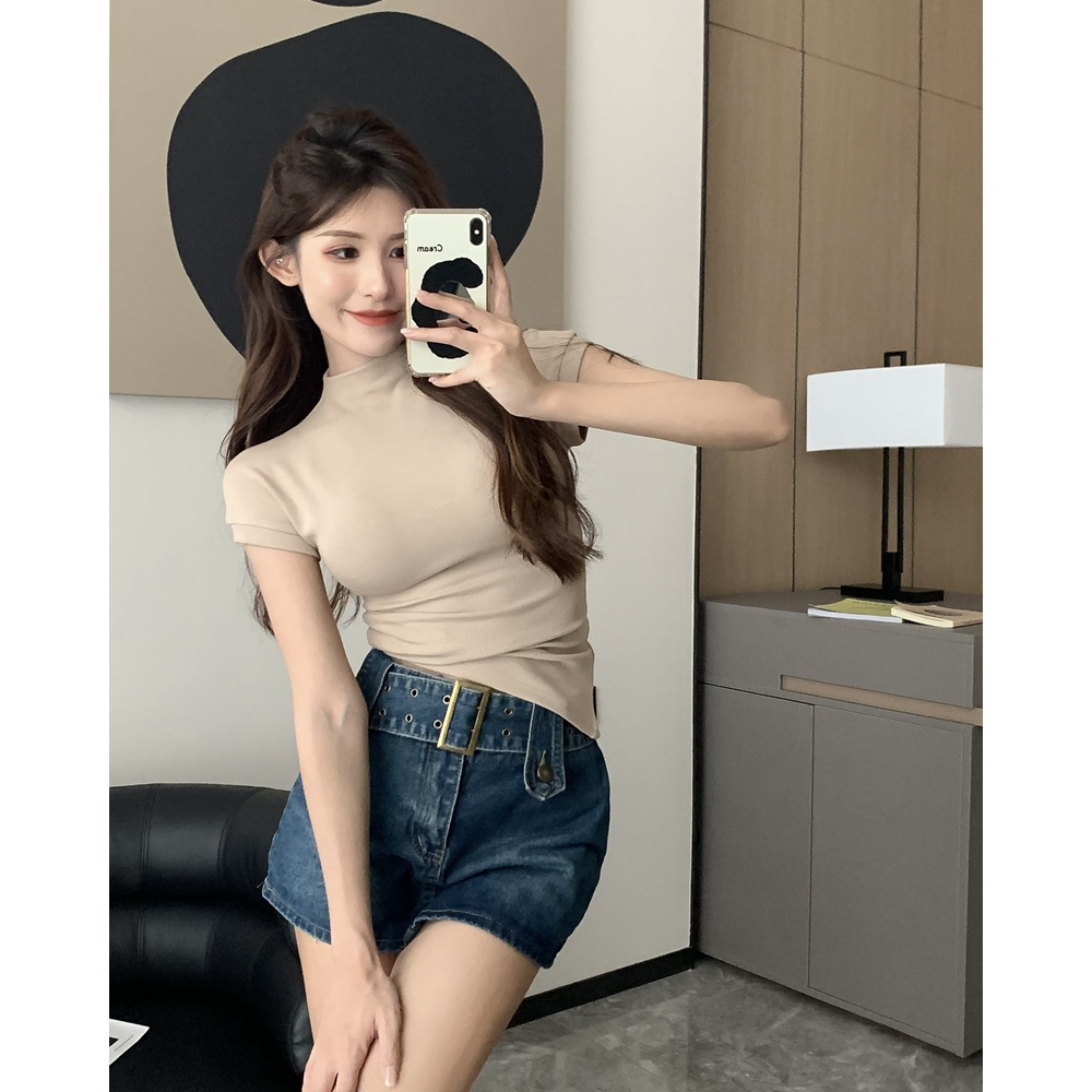 Áo Thun Nữ Ngắn Tay Cổ Cao Ôm Dáng Phong Cách Mùa Hè Gợi Cảm Mới