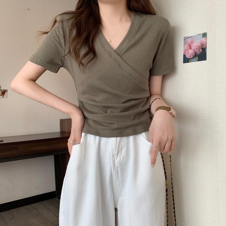 Áo Thun Ngắn Tay Cổ Chữ V Thiết Kế Không Đồng Đều Phong Cách Hàn Quốc Thời Trang Mùa Hè