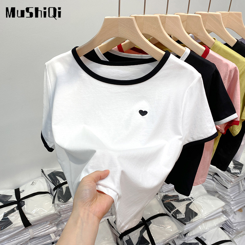 Áo Thun cotton Ngắn Tay Thêu Hình Trái Tim Thời Trang Mới Cho Nữ