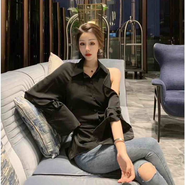 Áo Sơ Mi Trễ Vai Phối Dây Thắt Phong Cách Hàn Quốc Thời Trang Mùa Hè Đặc Biệt ~ -