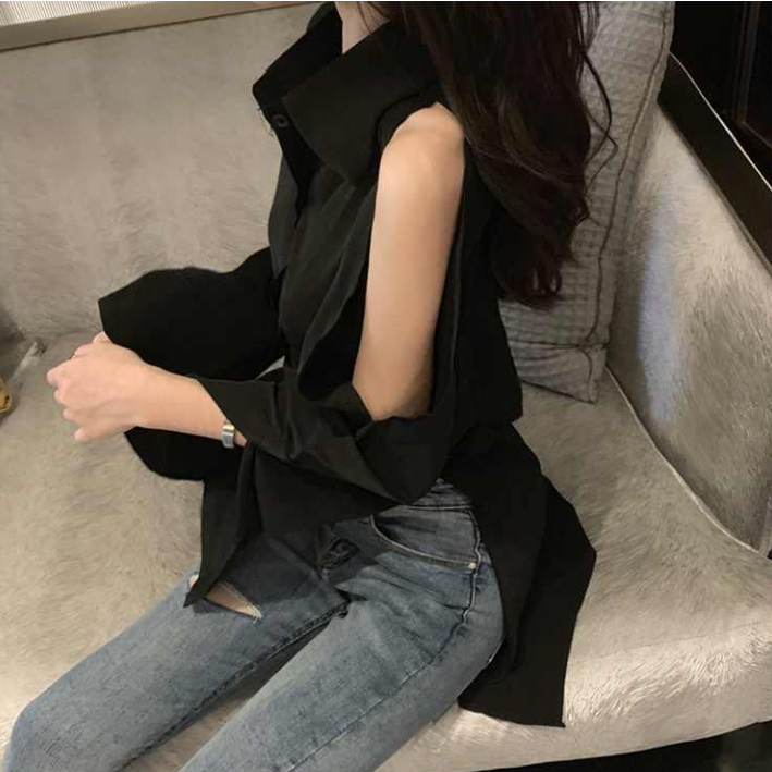 Áo Sơ Mi Trễ Vai Phối Dây Thắt Phong Cách Hàn Quốc Thời Trang Mùa Hè Đặc Biệt ~ -