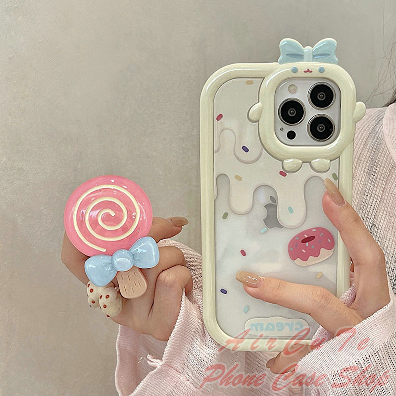 Ốp lưng iPhone 15 14 13 12 11 Pro Max Plus iPhone15 iPhone15ProMax iPhone14 iPhone14ProMax iPhone13 iPhone13ProMax iPhone12 iPhone12ProMax iPhone11 iPhone11ProMax Transparent Cute Big Camera Hole Cream Candy Holder Soft Case