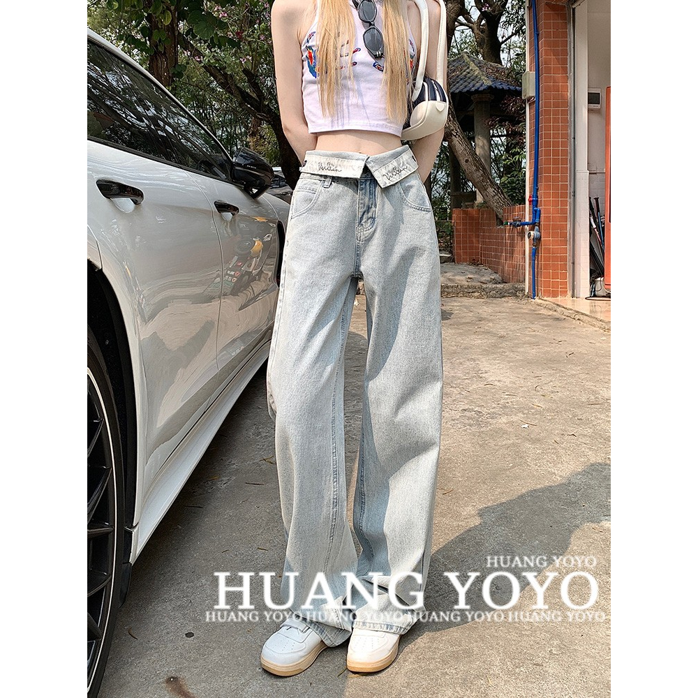HUANG YOYO Quần Jean Dài Ống Rộng Phong Cách Retro Thời Trang Cá Tính Cho Nữ