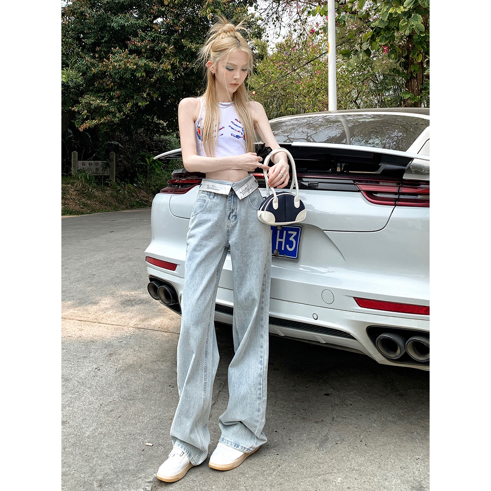 HUANG YOYO Quần Jean Dài Ống Rộng Phong Cách Retro Thời Trang Cá Tính Cho Nữ