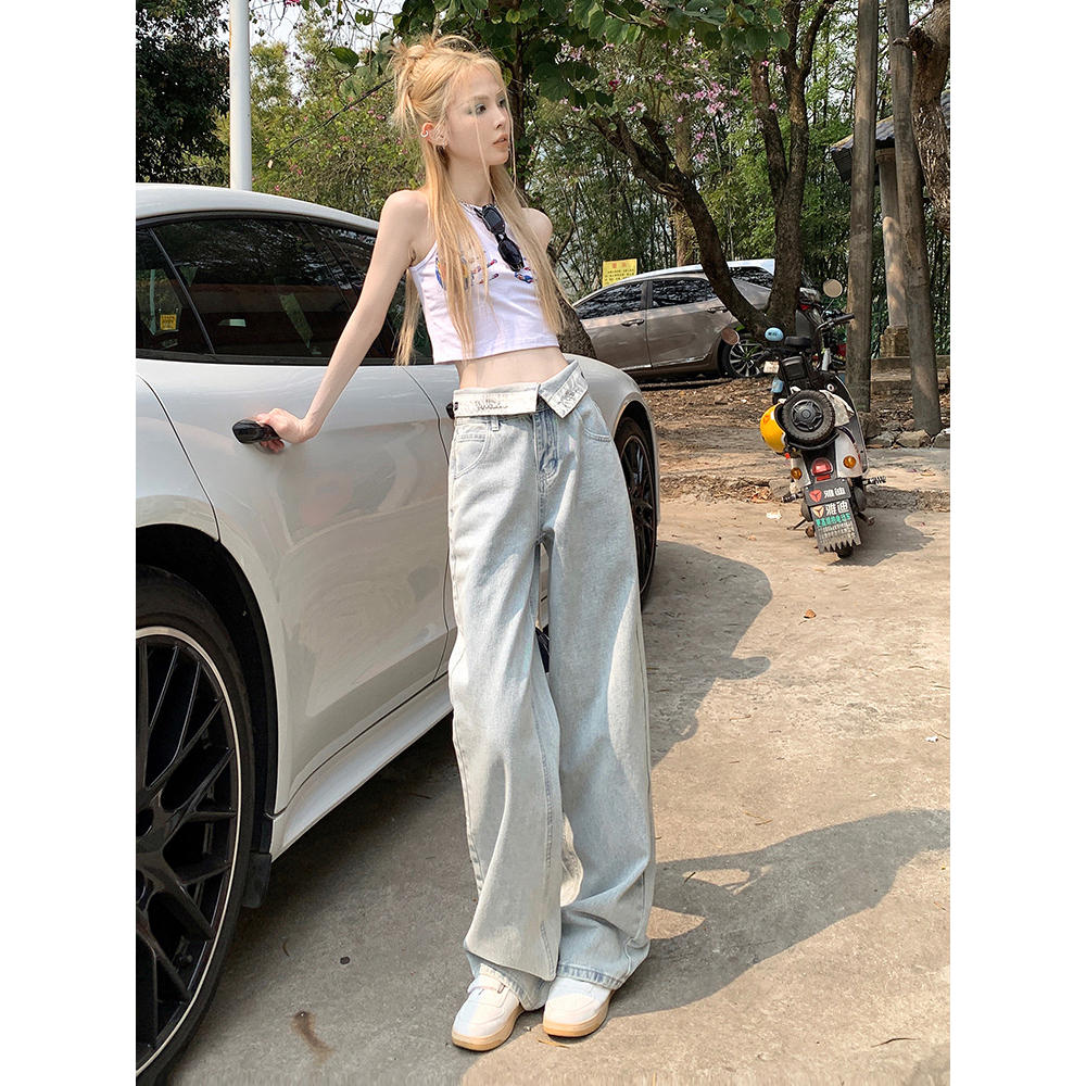 HUANG YOYO Quần Jean Dài Ống Rộng Phong Cách Retro Thời Trang Cá Tính Cho Nữ