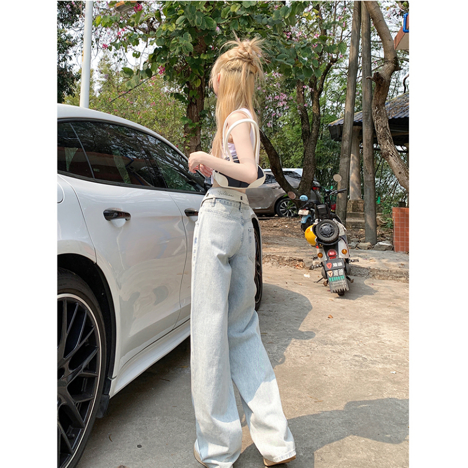 HUANG YOYO Quần Jean Dài Ống Rộng Phong Cách Retro Thời Trang Cá Tính Cho Nữ