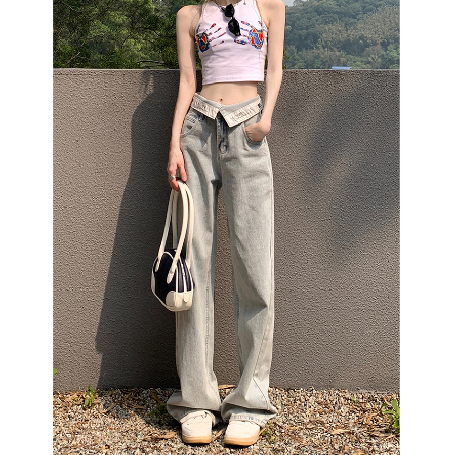 HUANG YOYO Quần Jean Dài Ống Rộng Phong Cách Retro Thời Trang Cá Tính Cho Nữ