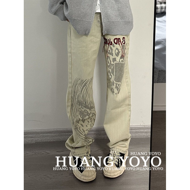 Quần Jeans Ống Rộng Thêu Họa Tiết Phong Cách Vintage Mỹ