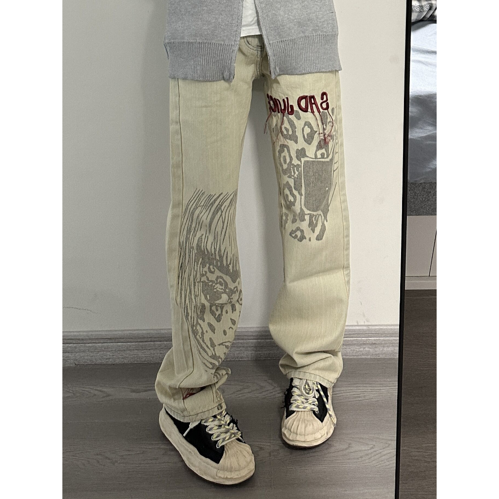 Quần Jeans Ống Rộng Thêu Họa Tiết Phong Cách Vintage Mỹ