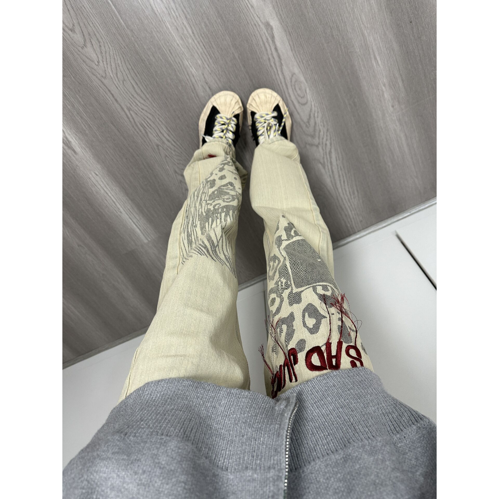 Quần Jeans Ống Rộng Thêu Họa Tiết Phong Cách Vintage Mỹ