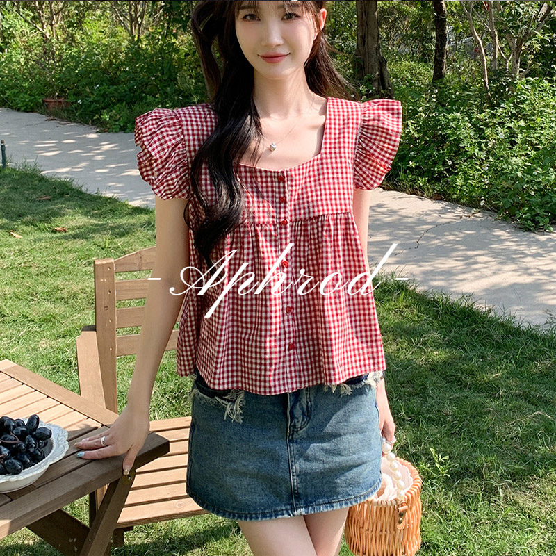 Áo Kiểu Cổ Vuông Tay Bèo Họa Tiết Sọc Caro Phong Cách Pháp Thời Trang Cho Nữ