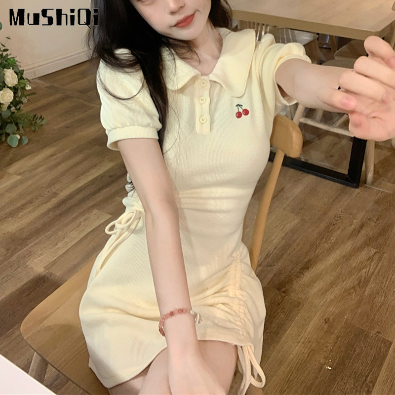 Đầm Ngắn Cổ Polo Phối Dây Rút Xếp Ly Thiết Kế Cỡ Nhỏ Thời Trang Trẻ Trung