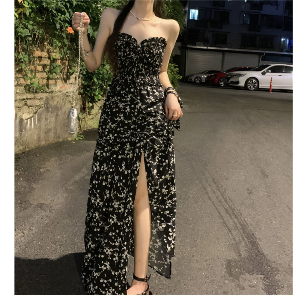 Đầm Hoa Màu Đen Phối Thắt Lưng Thời Trang Mùa Hè Gợi Cảm Cho
