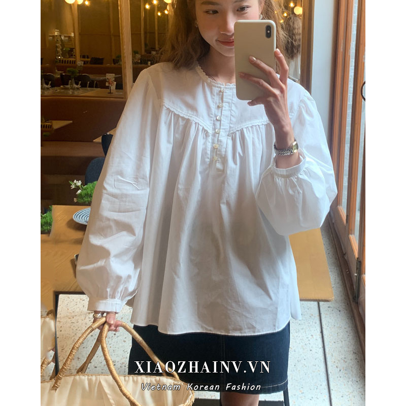 Xiaozhainv Áo Kiểu Nữ Dài Tay Cổ Tròn Phối Ren Thời Trang Hàn