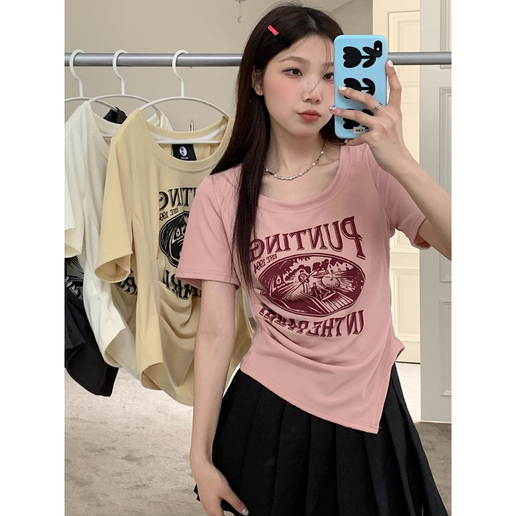 ZHELIHANGFEI Áo Thun Tay Ngắn Hở Vai Dáng Ôm In Họa Tiết Thời Trang Xinh Xắn Cho Nữ