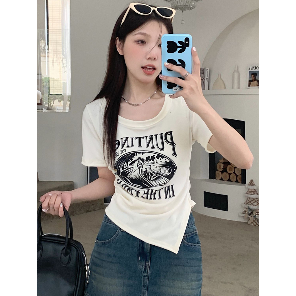 ZHELIHANGFEI Áo Thun Tay Ngắn Hở Vai Dáng Ôm In Họa Tiết Thời Trang Xinh Xắn Cho Nữ