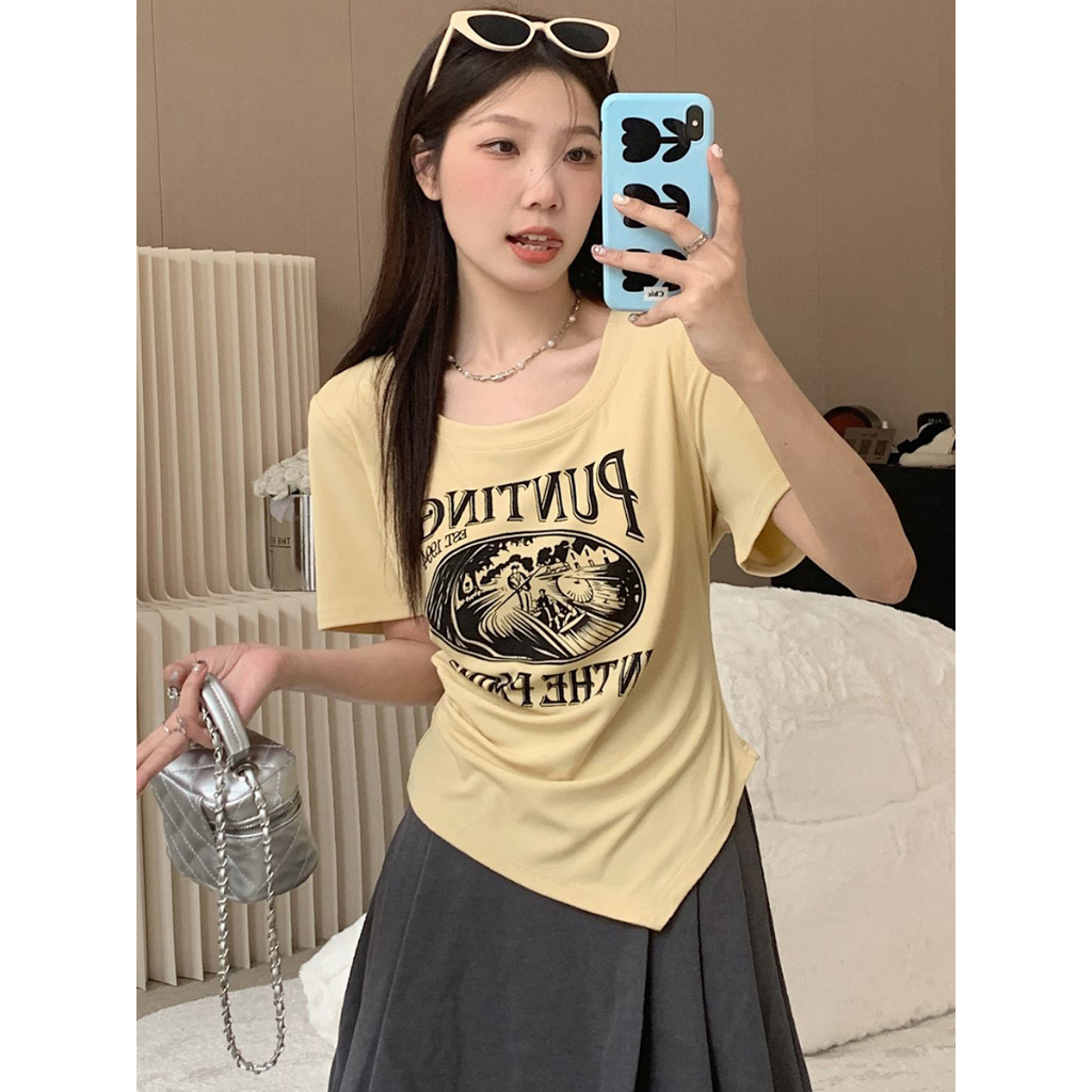 ZHELIHANGFEI Áo Thun Tay Ngắn Hở Vai Dáng Ôm In Họa Tiết Thời Trang Xinh Xắn Cho Nữ