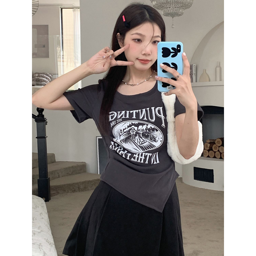 ZHELIHANGFEI Áo Thun Tay Ngắn Hở Vai Dáng Ôm In Họa Tiết Thời Trang Xinh Xắn Cho Nữ