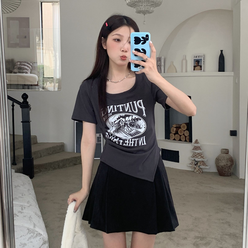 ZHELIHANGFEI Áo Thun Tay Ngắn Hở Vai Dáng Ôm In Họa Tiết Thời Trang Xinh Xắn Cho Nữ