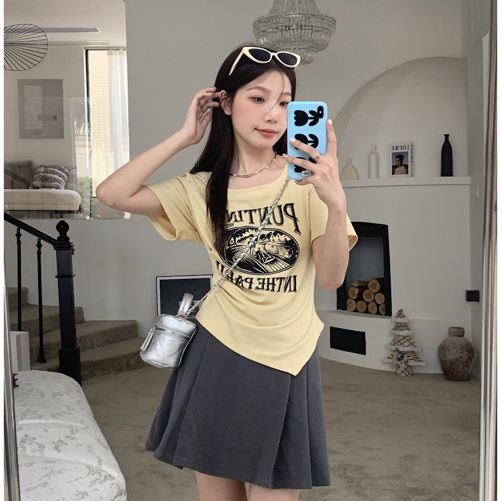 ZHELIHANGFEI Áo Thun Tay Ngắn Hở Vai Dáng Ôm In Họa Tiết Thời Trang Xinh Xắn Cho Nữ