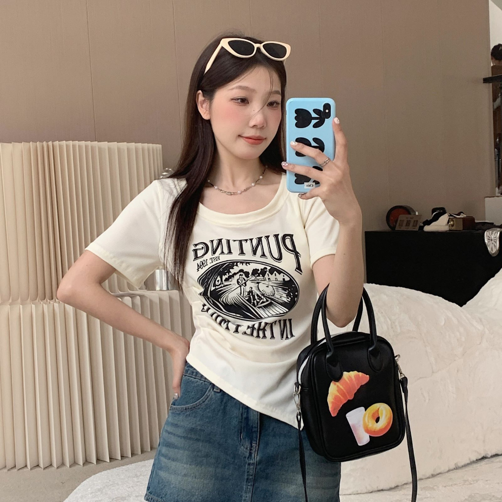 ZHELIHANGFEI Áo Thun Tay Ngắn Hở Vai Dáng Ôm In Họa Tiết Thời Trang Xinh Xắn Cho Nữ