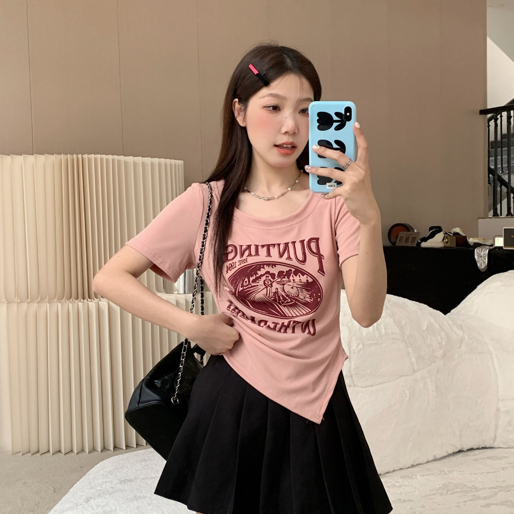 ZHELIHANGFEI Áo Thun Tay Ngắn Hở Vai Dáng Ôm In Họa Tiết Thời Trang Xinh Xắn Cho Nữ