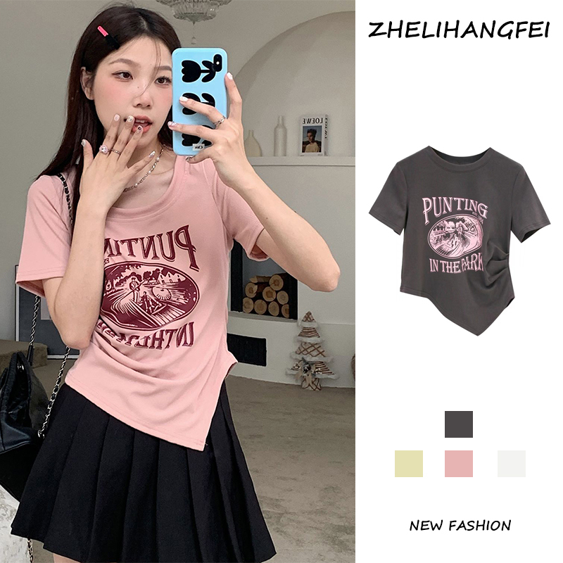 ZHELIHANGFEI Áo Thun Tay Ngắn Hở Vai Dáng Ôm In Họa Tiết Thời Trang Xinh Xắn Cho Nữ