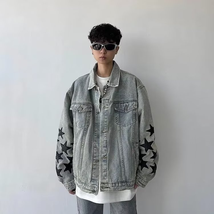Áo Khoác Denim Dáng Rộng In Hình Ngôi Sao Phong Cách Hip Hop Thời Trang Xuân Thu Cho Nam Giới Có Size M-2XL