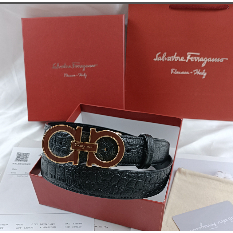 Salvatore Ferragamo Thắt Lưng Da Thật Họa Tiết Dập Nổi Khóa Số 8 Thời Trang Cho Nam