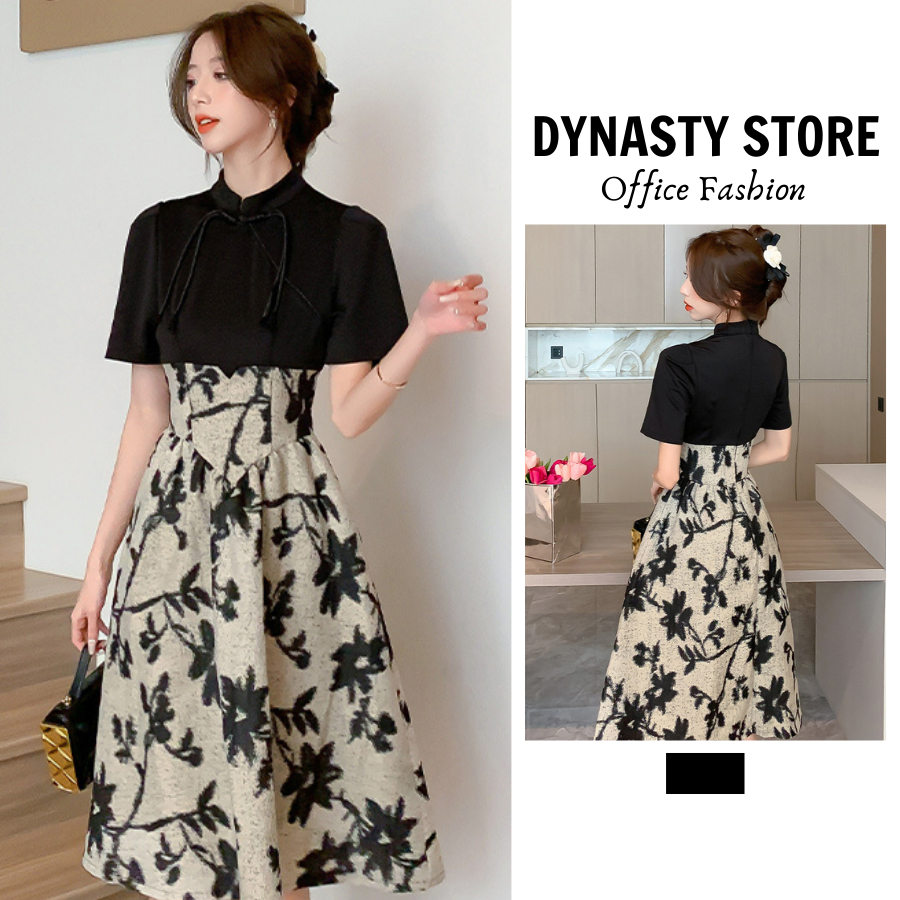 Đầm dáng dài nữ công sở DYNASTY STORE họa tiết in hoa retro, phong cách Trung Hoa, sang trọng, váy ngắn tay xuân hè cao cấp