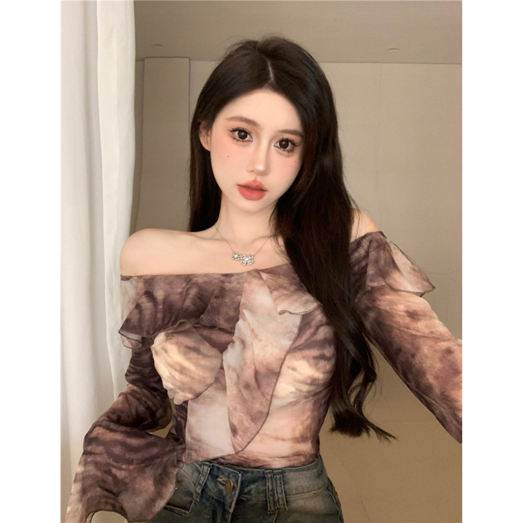 Cocory vn Áo Kiểu Tay Dài Trễ Vai Viền Lá Sen Nhuộm Màu Độc Đáo Thời Trang Cho Nữ