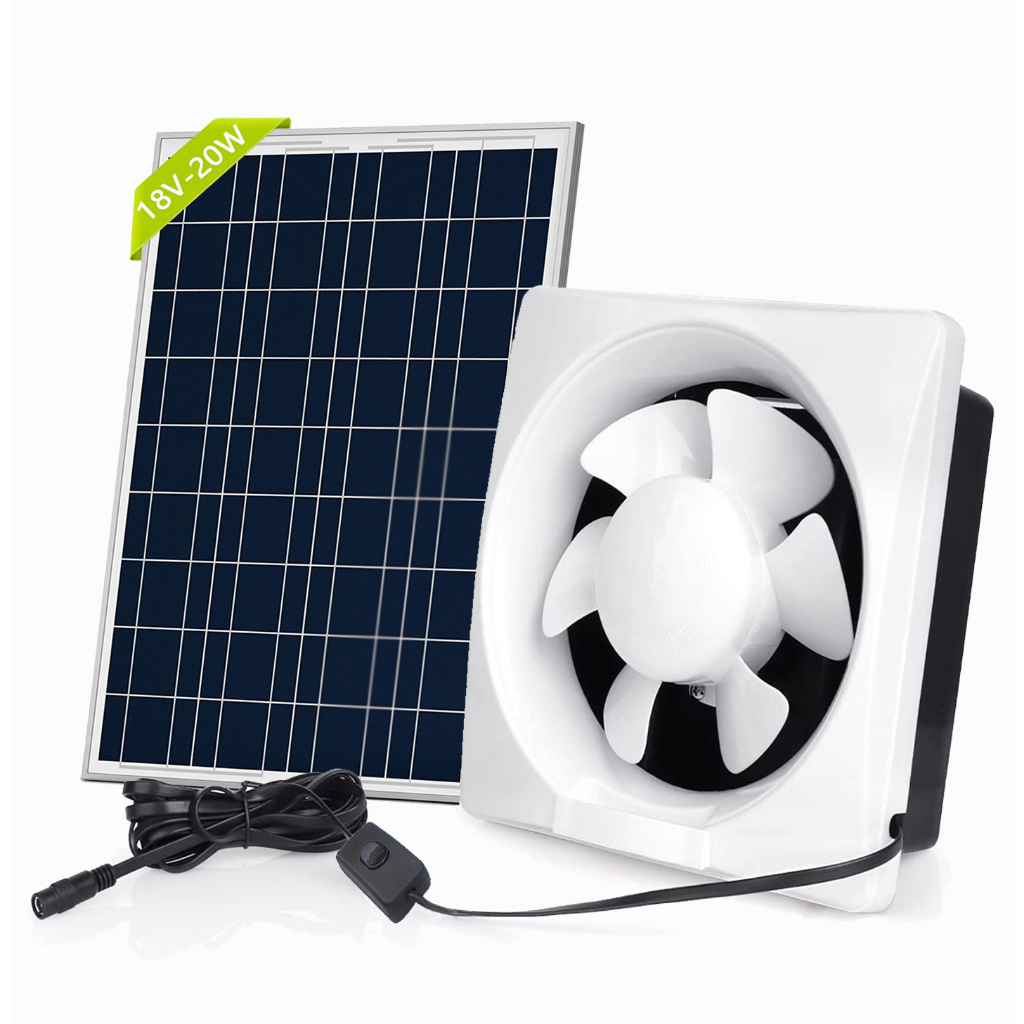 Quạt Gió Năng Lượng Mặt Trời 20W + Quạt Thổi Khí Quyển 12 inch Phù Hợp Cho Nhà Kính