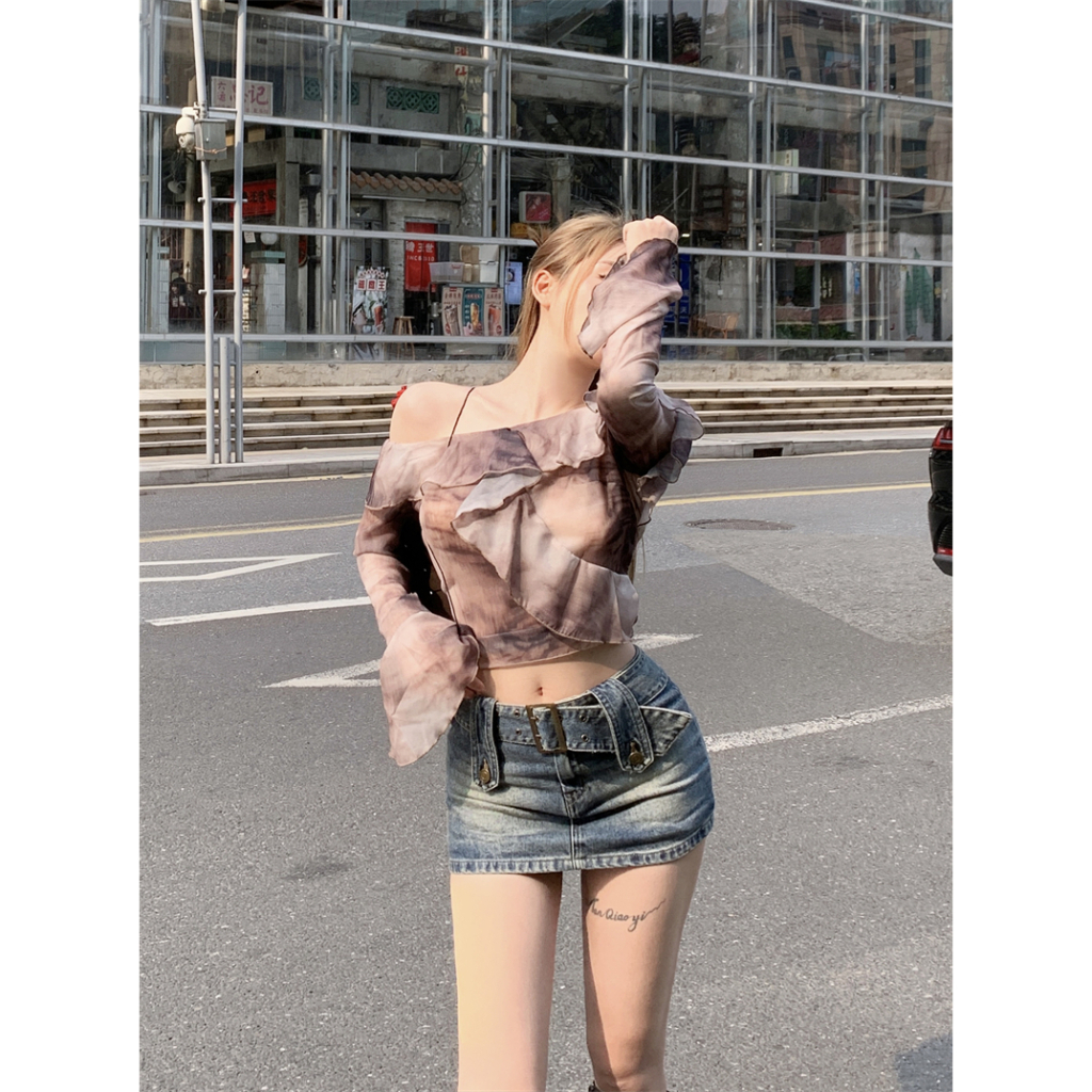 Cocory vn Áo Croptop Trễ Vai Tay Dài Phối Bèo Thời Trang Mùa Hè Cho Phái Nữ