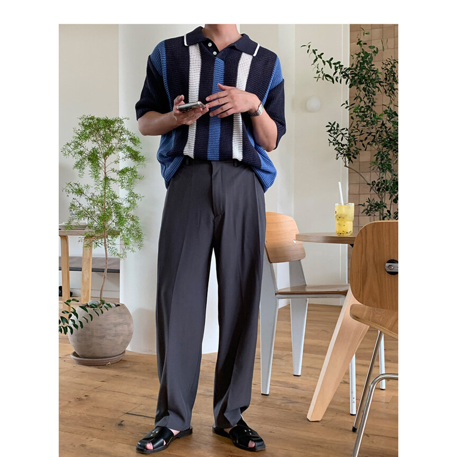 Áo Polo Dệt Kim Tay Ngắn Kẻ Sọc Rỗng Thoáng Khí Màu Sắc Khóa Cài