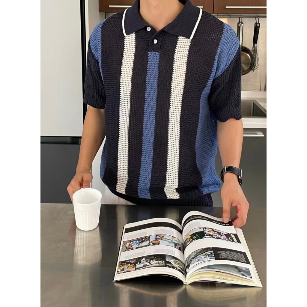 Áo Polo Dệt Kim Tay Ngắn Kẻ Sọc Rỗng Thoáng Khí Màu Sắc Khóa Cài